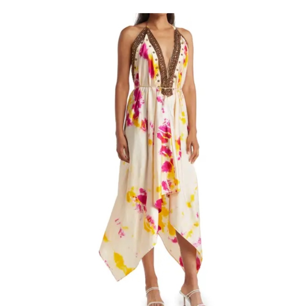 Shahida Parides Asymmetrical Ivory Halter Dress with Pink & Yellow Floral Print